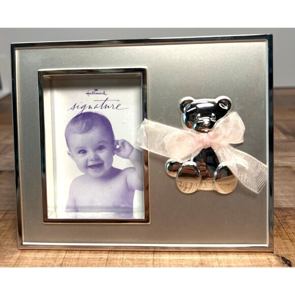 Hallmark Signature Silver-Plated Photo Frame With Bear & Pink Bow 2x3 Baby Pictu - Picture 1 of 5